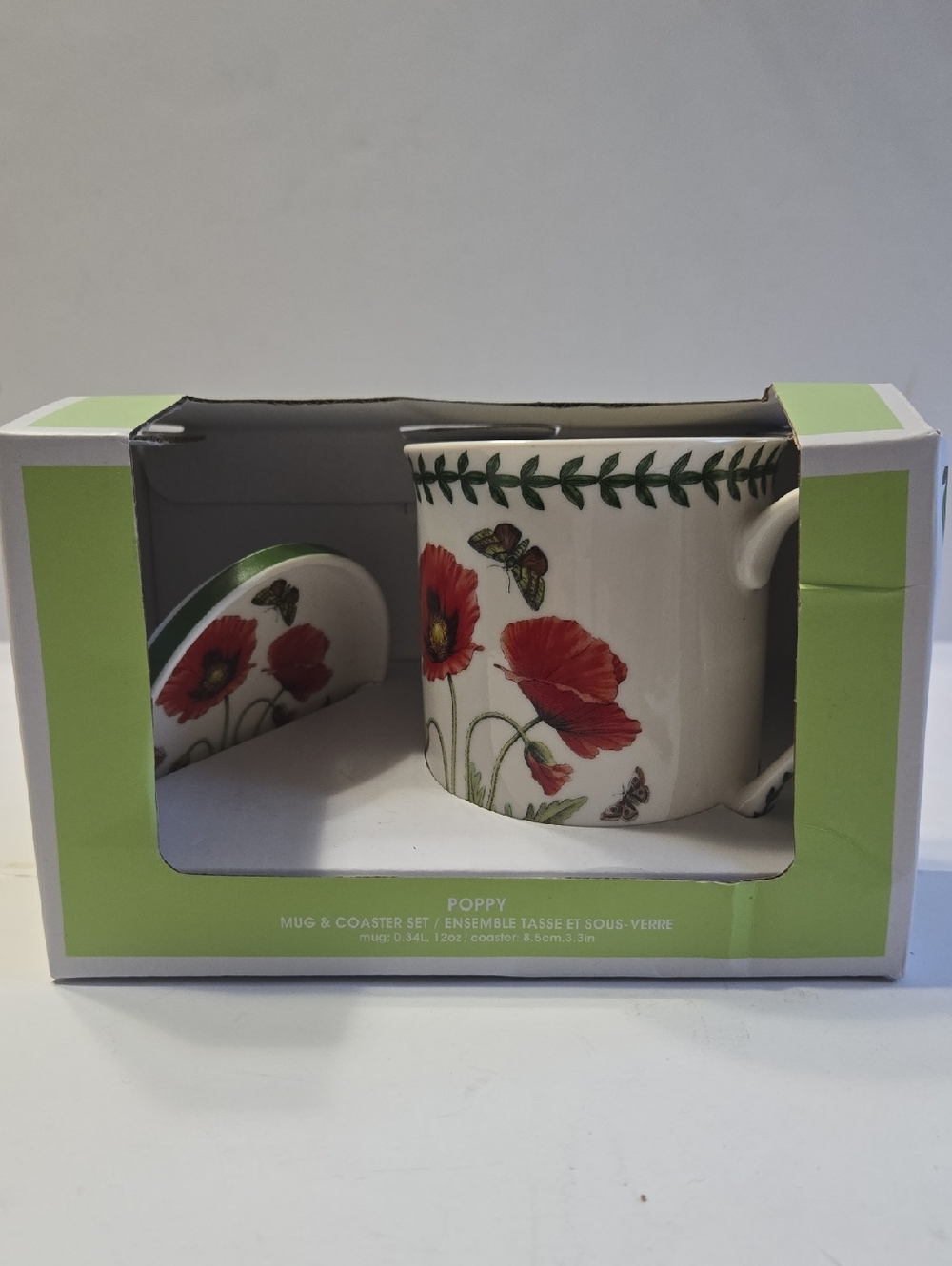 Portmeirion Poppy Floral Ceramic Mug & Coaster Set - White with Red Poppies NIB
